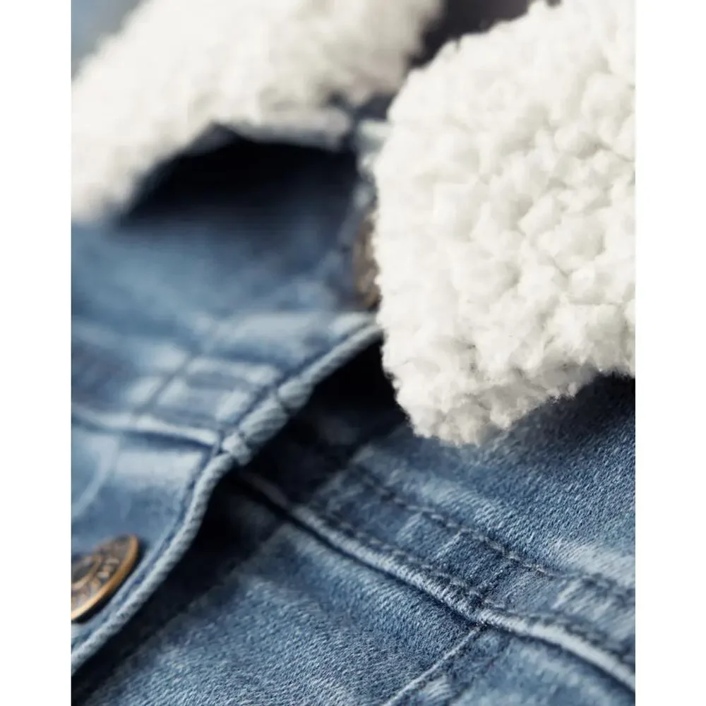 Gymboree Long Sleeve Appliqué Sunflower Girl’s Denim jean Jacket Size 7 sherpa